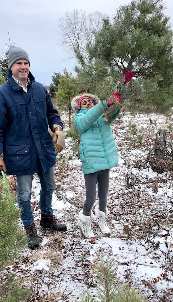 father and daughter cutting Christmas tree