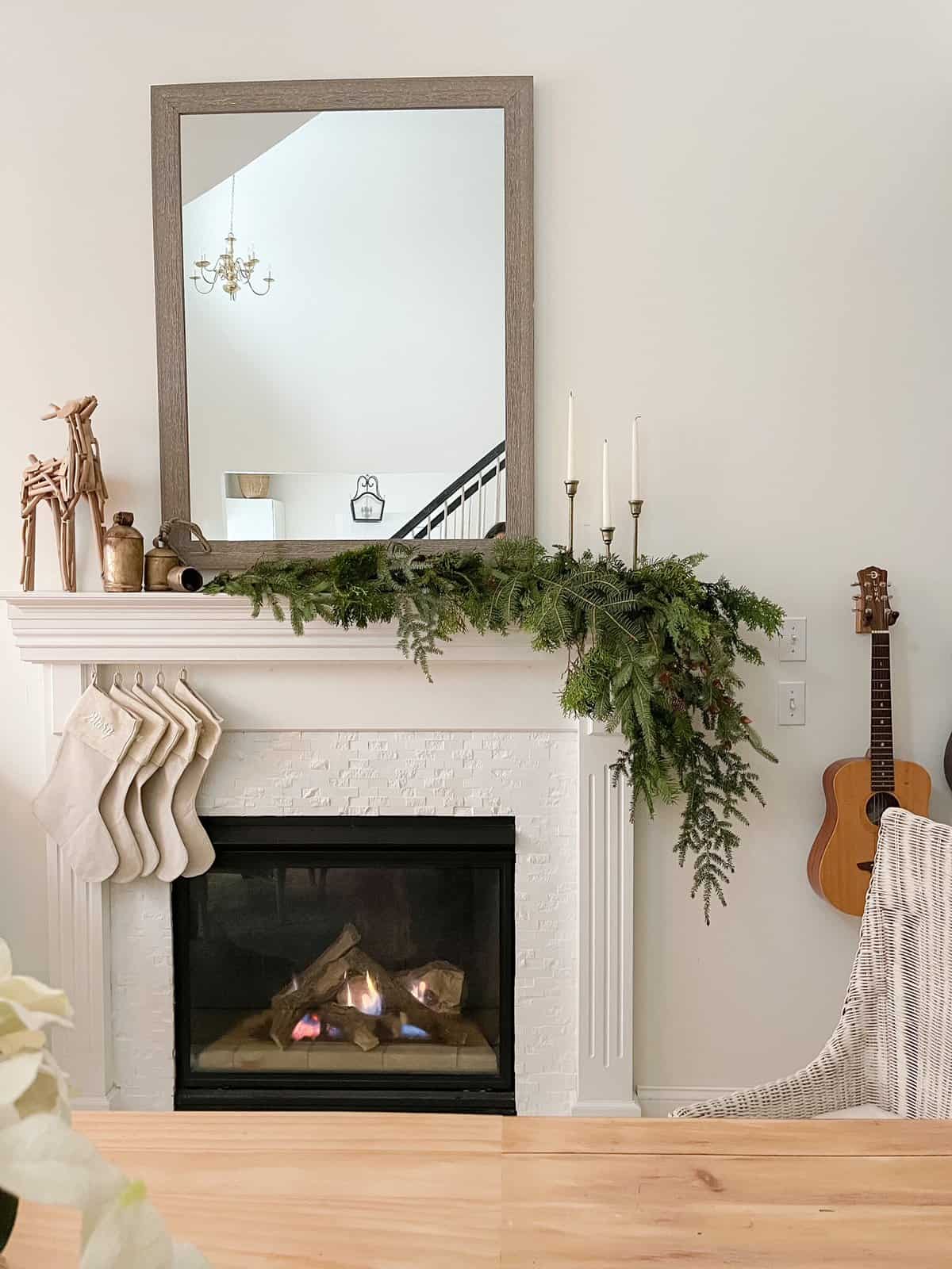 Christmas garland on fireplace mantel