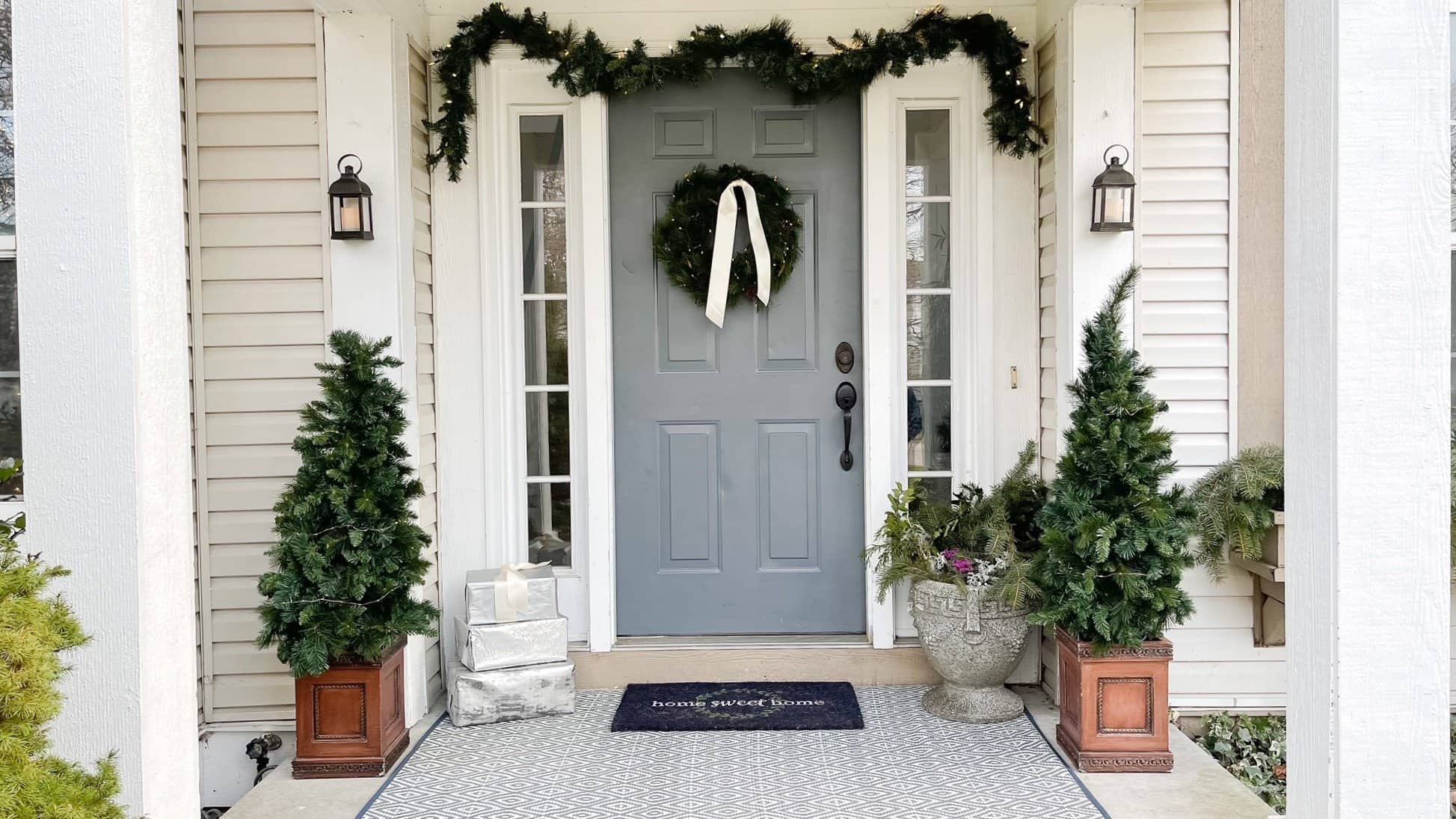 Christmas front porch grey door