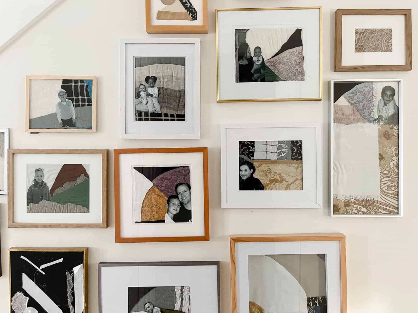 An abstract art gallery wall with family photos.