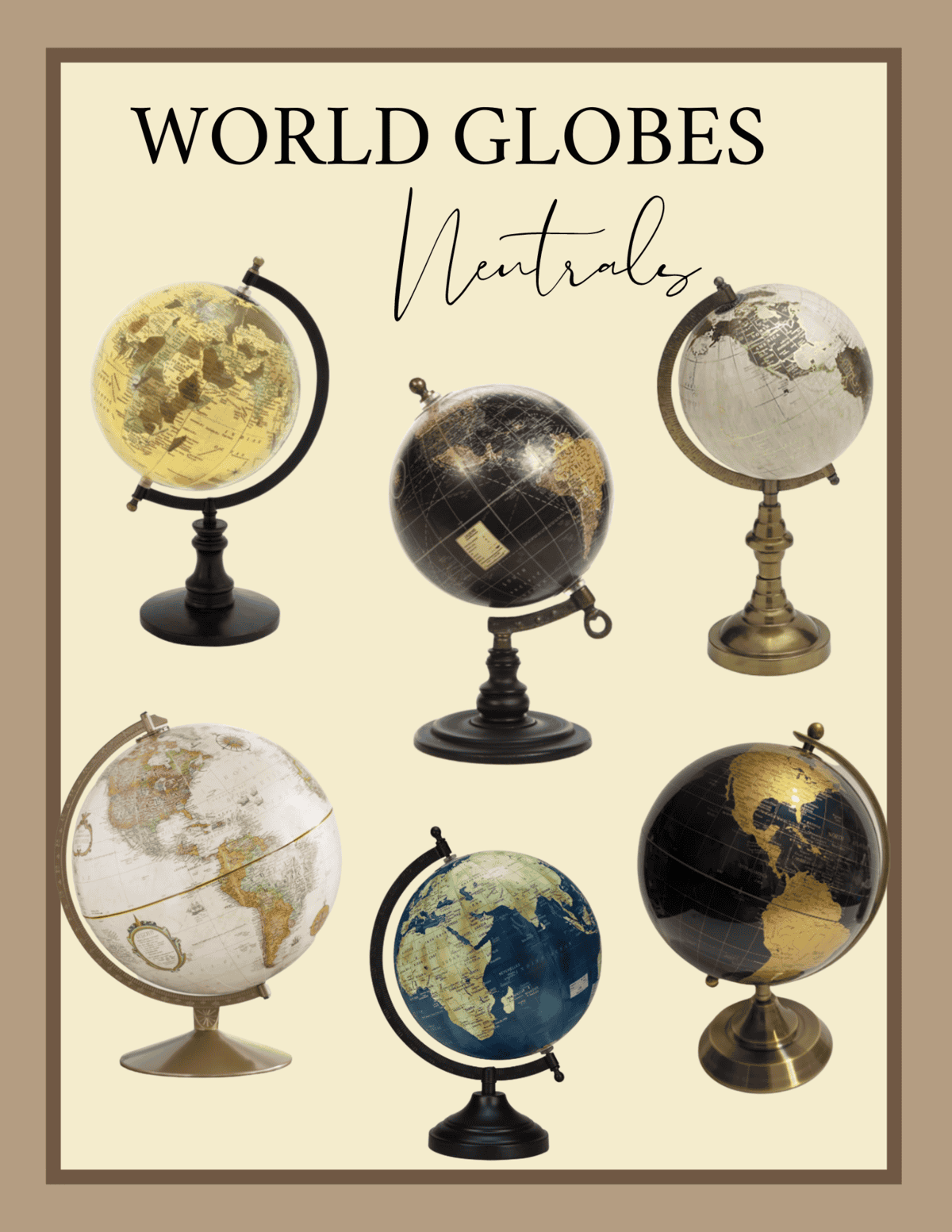 moodboard of world globes in neutral colors