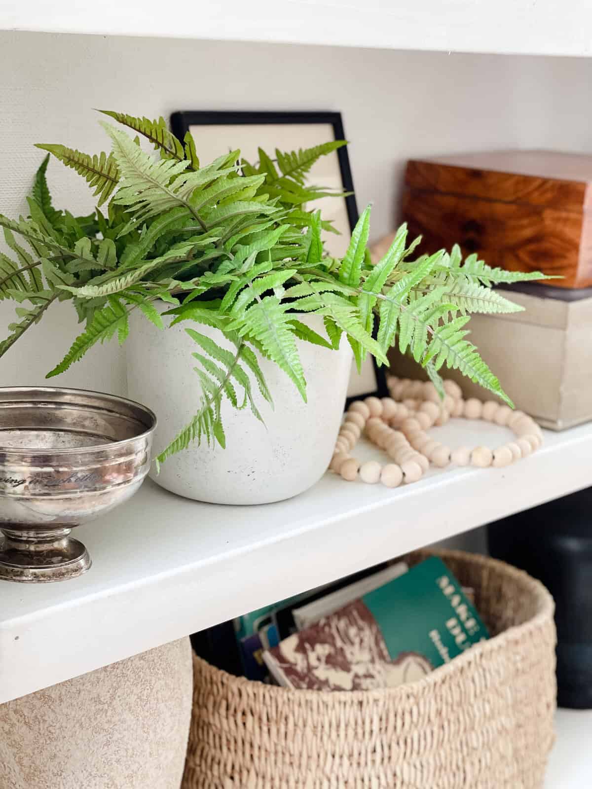 home decor styled bookshelf with faux plant